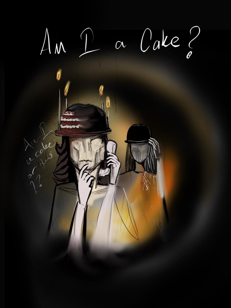 A surreal digital illustration featuring two figures holding masks in front of their faces. One mask resembles a chocolate cake with lit candles, while the other resembles a faceless head wearing a bowler hat. The phrase 'Am I a Cake?' is written at the top, enhancing the mysterious and thought-provoking atmosphere.