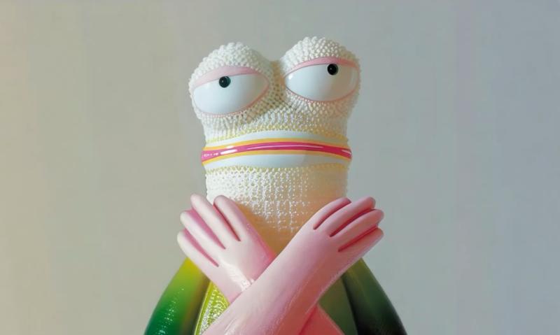 Fiktive, farbenfrohe Figur mit glänzender Oberfläche, die die Hände vor der Brust hält.