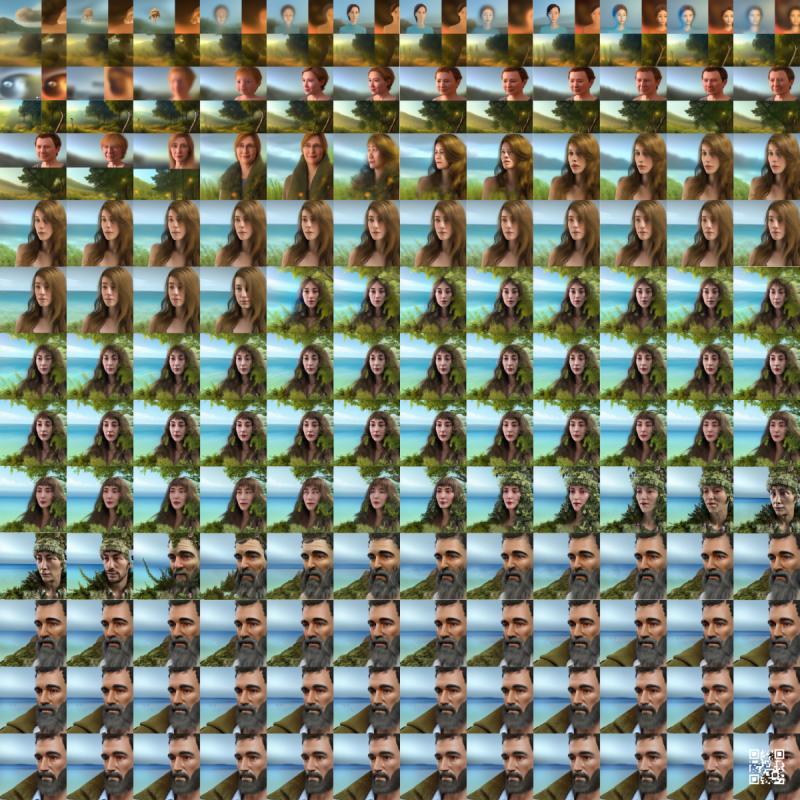 sequence of 144 AI picts showing a line of white people starting with children over dark ahired women to dark haired bearded men.
