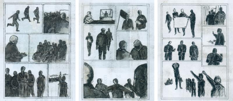 Drei Seiten mit gezeichneten Figuren in Comicpanels, Tusche auf Zeitungspapier
