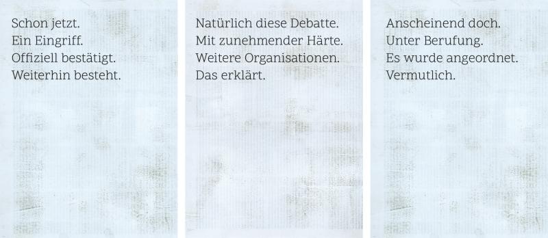 Drei Seiten mit "Text-Cut-ups" aus Zeitungen, Tusche auf Zeitungspapier