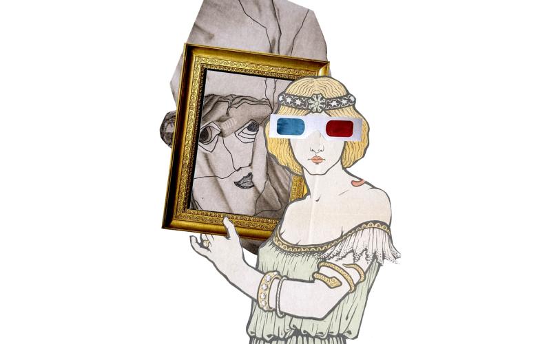 Das Bild ist eine analoge Collage. Es zeigt eine Frau, die einen Bilderrahmen hält, in dem ein Gemälde zu sehen ist.  