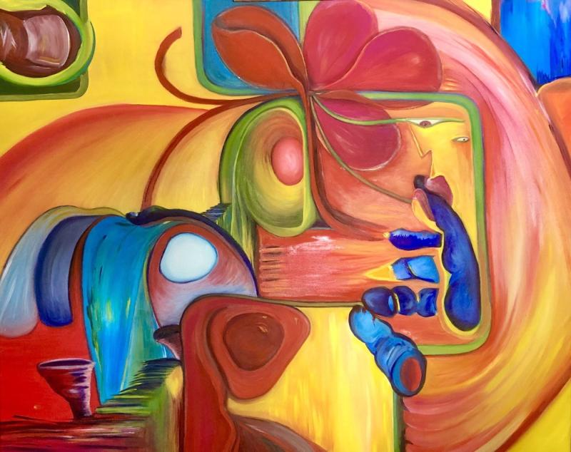 color oil painting on canvas; figurative, abstract with realistic elements; gives a drifting of the eye effect