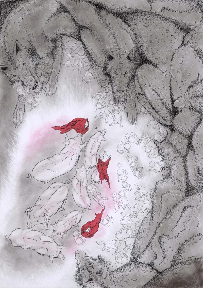The Wolfs, The Pigs and The Red Hoods: Drypastels and ink on paper : 2025; 42 cm x 59,4 cm, Wolves encircle pigs, their bodies intertwined like the roots of an old myth, pulsing with unspoken stories/vibrance. Between them, human babies move in a fragile reactionary dance—some seeking refuge under the wolves, others pressing against the pigs with fleeting gestures of dominance, curiosity, or misguided kinship.