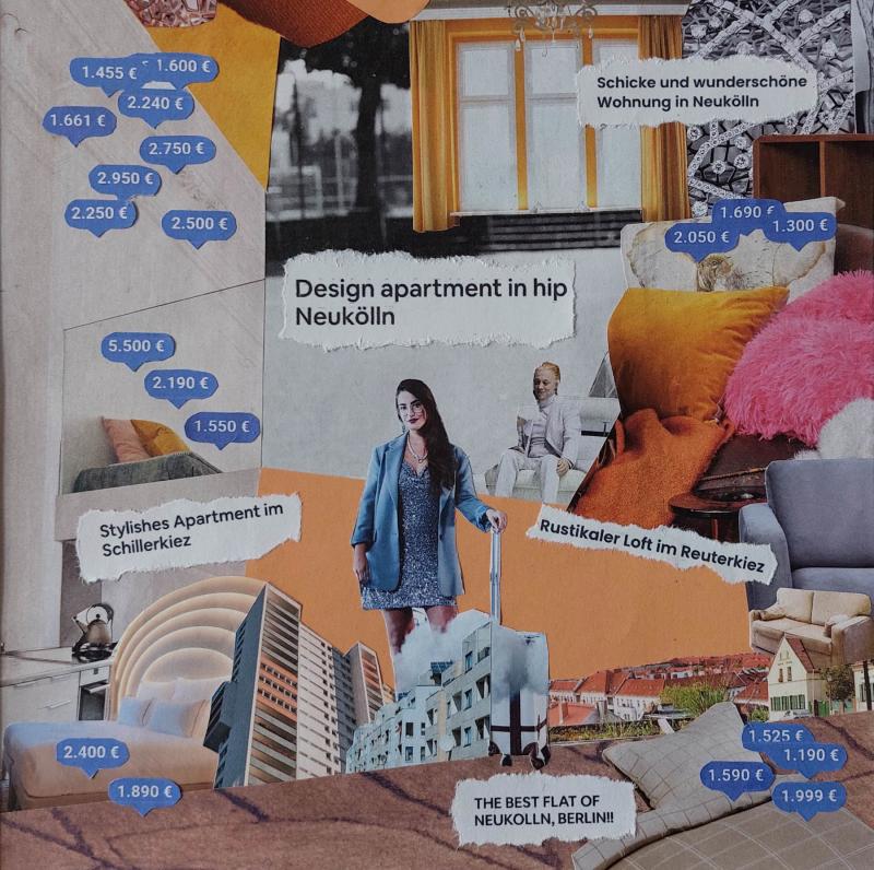 Analoge Collage, die auf das Problem mit dem "möblierten Wohnen auf Zeit" aufmerksam machen soll.