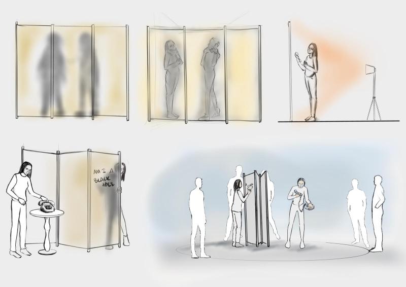 A conceptual illustration of a performance art piece featuring human figures interacting with translucent screens and props. Some figures appear as silhouettes behind the screens, while others engage with objects like a microphone, a typewriter, or a folding screen with text.