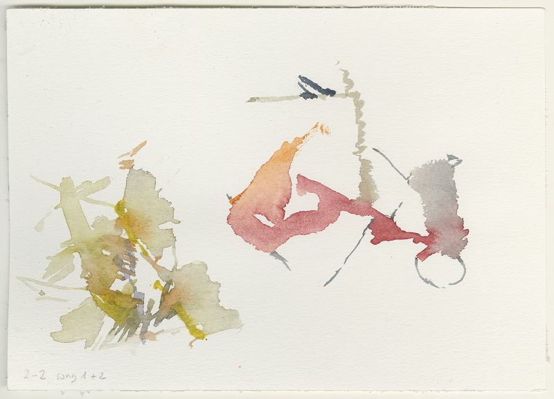 Aquarell, live bei einem Jazz-Konzert gemalt, 2024-03-21_exploratorium-dek_2, 21:00 – 22:00, 20 °C, 52.4897° N, 13.3934° E, Berlin, Kreuzberg, watercolour, 17 × 24 cm (Kirsten Kötter)