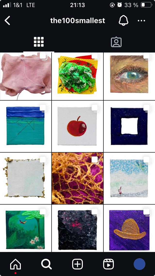 Ein Screenshot eines Instagram-Feeds, welches viele kleine, quadratische, in bunten Farben bemalten Leinwänden zeigt.