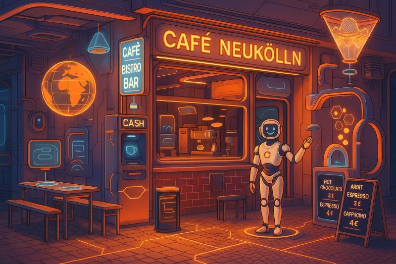 Vor flimmernden Bildschirmen steht ein Roboter und winkt Dich in das Café hinein. Es wirkt warm und freundlich obwohl es innen und außen synthetisch hergestellt ist. Wie ein Traum aus Deinem Computer. Einer, aus dem Du nicht erwachen musst, denn der Cappuchino schmeckt sogar. 
