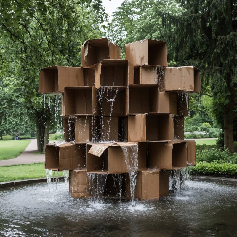 Das Bild zeigt einen Brunnen in einem Park. Der Brunnen besteht aus vielen Pappkartons, die ineinander verschachtelt aufgetürmt und nach außen offen sind. Aus ihnen strömt Wasser. 