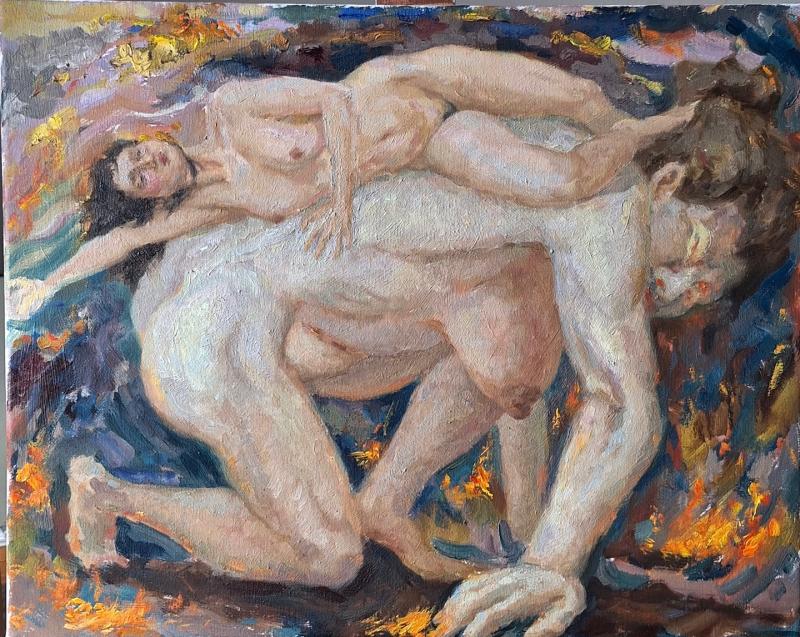 A painting depicting a nude woman on one knee with her hands on the ground, a smaller nude woman is lying on her back.