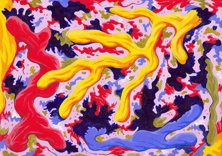 Abstract painting of yellow, red and blue wiggly lines on a pink background 