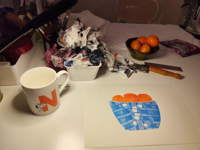 Image of lino print on table.