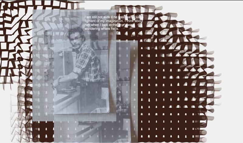 Black and white photo of a man in his 30s in a kitchen. A changing narrative about the person on the photo appears beside him. Narrative changes are activated by refreshing the page. A digital black interactive net moves in the background.