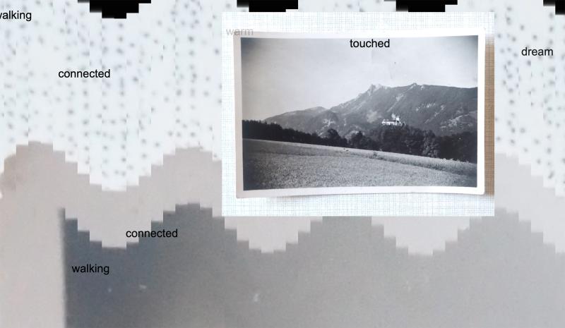 Black and white photo of a mountain. Story about the image is activated by clicking the button. Story starts floating and never fully showing. Animated visuals are moving in the in the background.