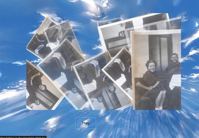Black and white images of people. Images are distorted in different positions on the screen. Button generates change of narratives. Each narrative is coded with multiple sets of words that change in repetition forming constantly new narratives. Background is a digital sky.