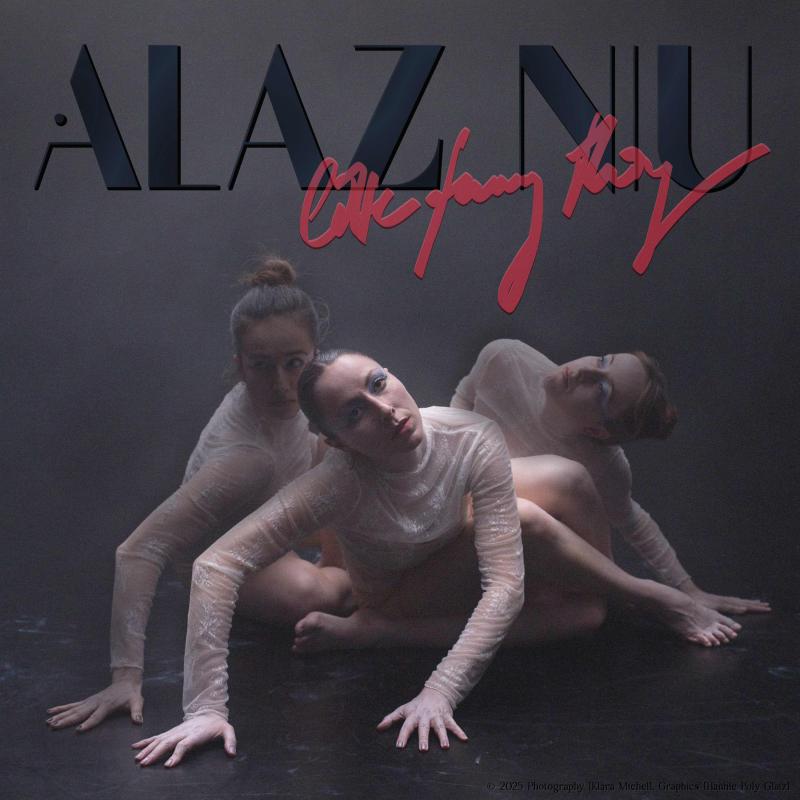 Alaz Niu album cover. Alaz and two other female performers are wearing skin toned semi transparent clothes and sitting and posing on the floor.