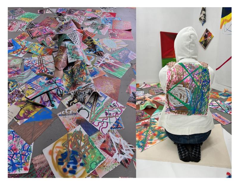 Two images side by side of the installation and performance by Mija Jung. One is 108 paintings on unstretched canvas on the breathing human body lying on the floor. The other shows a painting on the canvas on the back of the performance sitting on the floor.