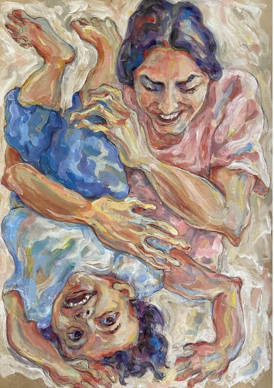A painting depicting a mother holding a child upside down.