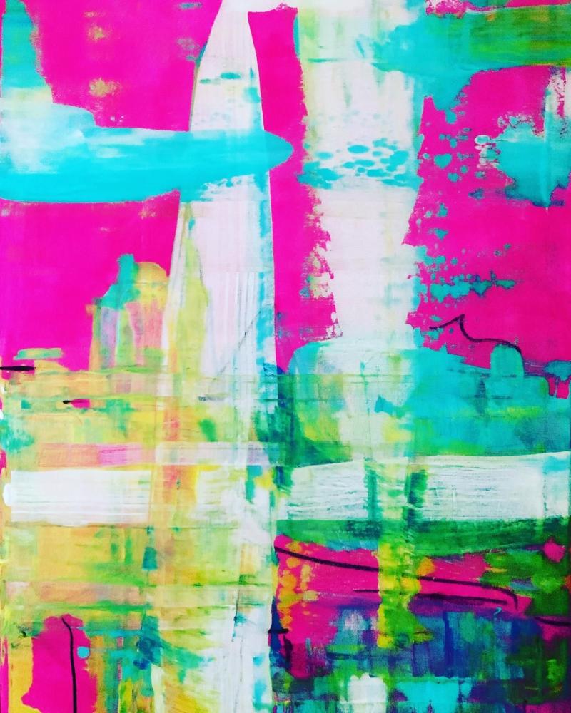 Die Kombination aus kräftigem Pink, leuchtendem Türkis, sattem Grün und Weiß  erzeugt eine starke visuelle Energie. Die Farbverläufe und Überlagerungen wirken fast wie ein urbaner Dschungel oder eine neonbeleuchtete Skyline.