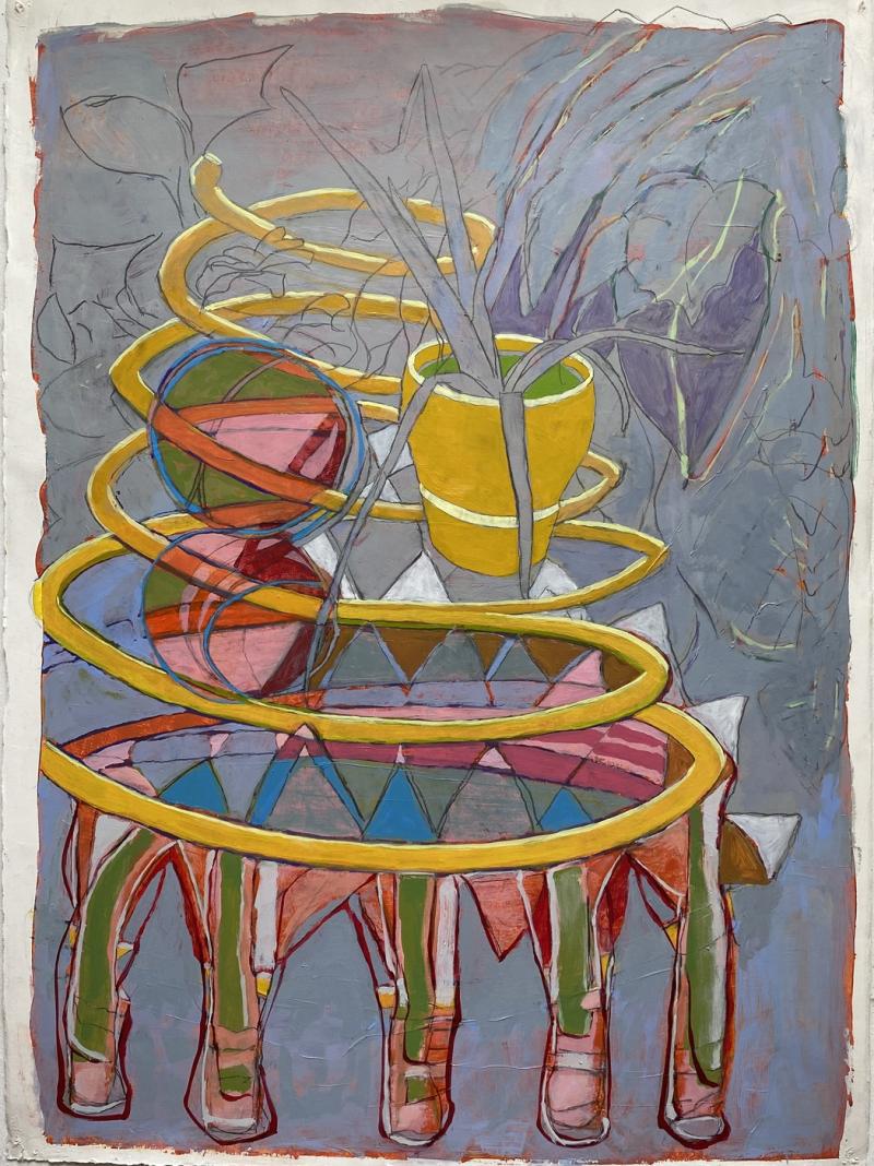 Circus Garden oil, graphite on paper 56x76 cm, 2025. (brightly colored abstract painting with a central yellow spiral and potted plant)  