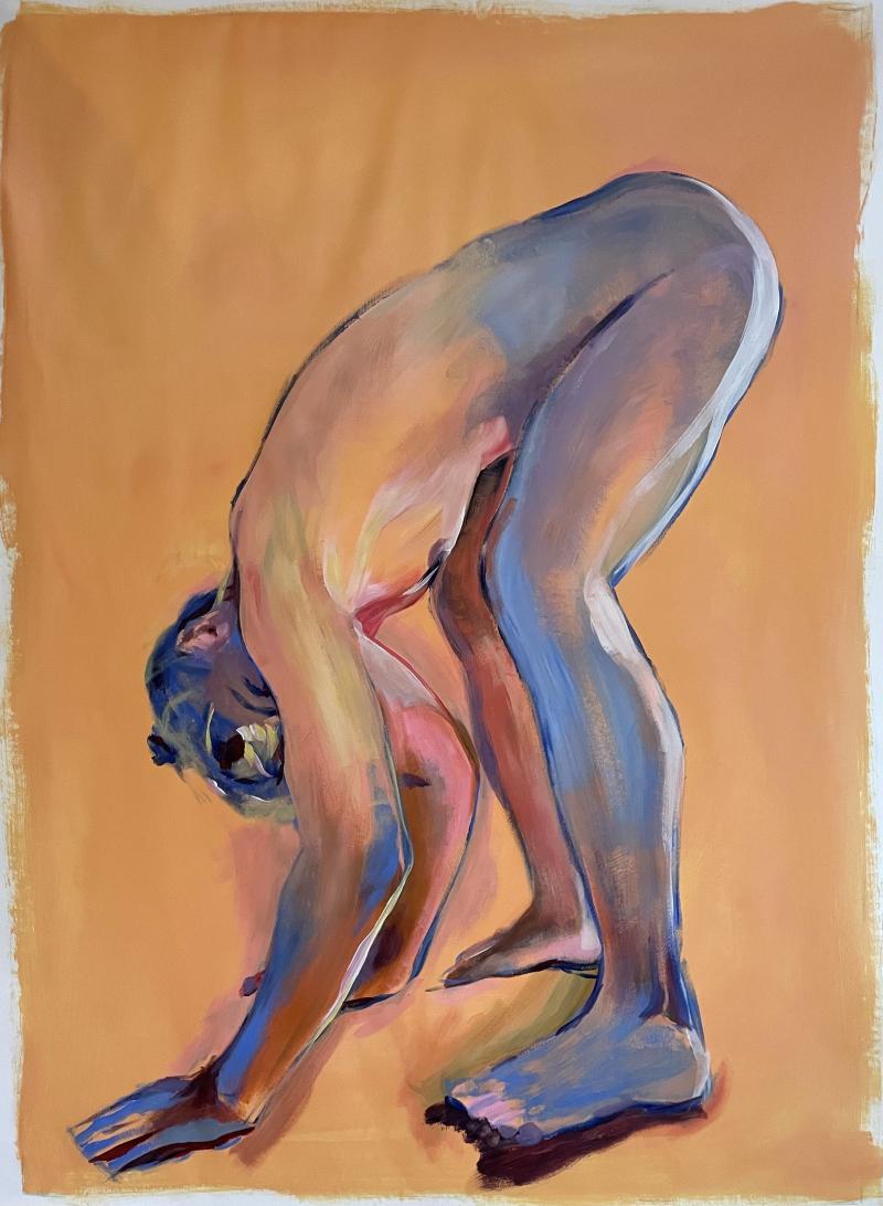 (orange background with nude figure touching the floor)