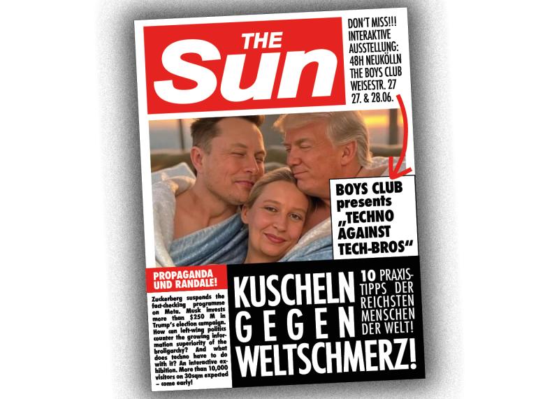 The Sun Titel: Kuscheln gegen Weltschmerz mit Trump, Musk und Weidel. 10 Praxistipps der reichsten Menschen der Welt – und viel mehr in der aktuellen Ausgabe