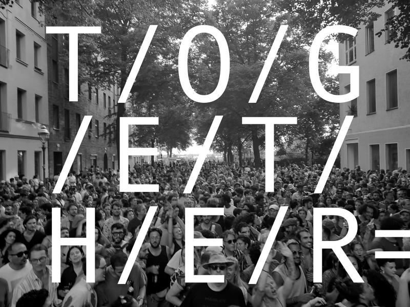 Visually fragmented and dynamic representation of the word "TOGETHER," with the letters broken up and separated by slashes. Background: crowd. Letters: white.