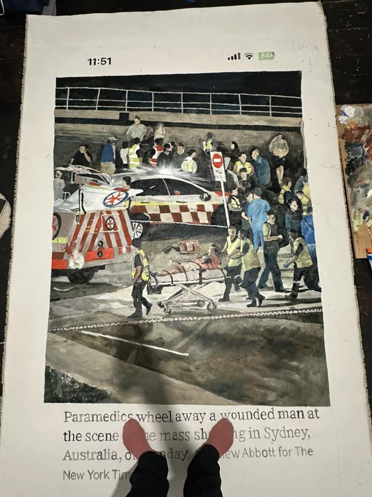 Rainer Ganahl, Australian Police Investigating Sydney Shooting as Terrorism, (oil on painting in the making) 2025/2026
