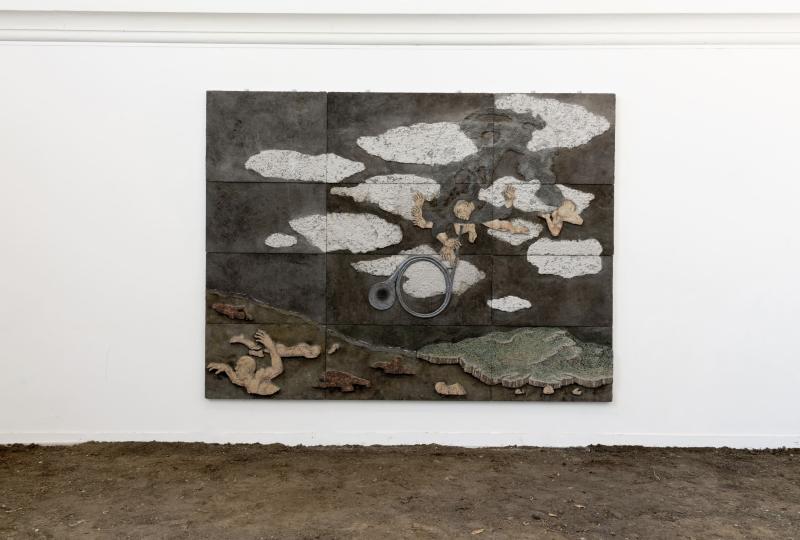 untitled, 2025 ; 270 cm x 204 cm x 5 cm ; Marbre, pierre calcaire, mortier, plomb, pigments ; Hannah Becquante & Felix Taburet , Hung on a white wall with dirt floor