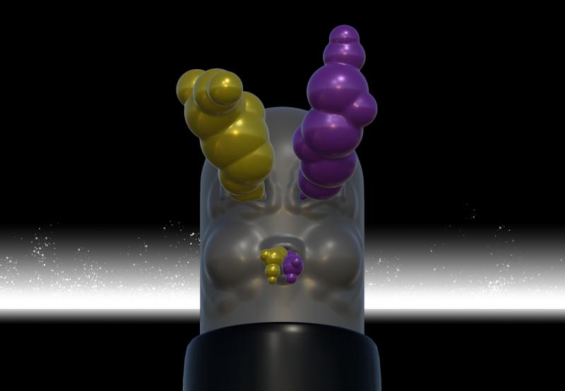 3D-Rendering eines Charakters mit violetten und gelben, blasenförmigen Explosionen, die aus Mund und Augen auf einem schwarz-weißen Hintergrund hervorbrechen.