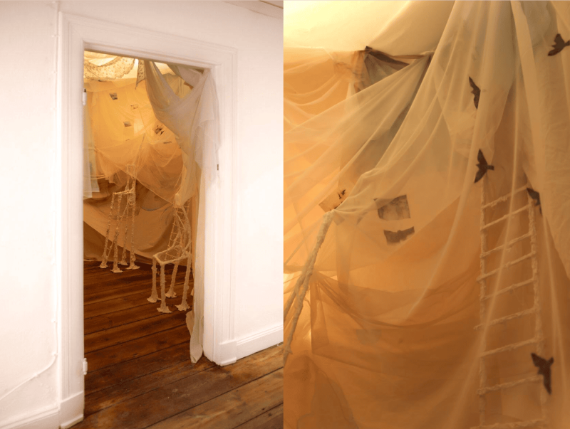 Two installation views of 'My Moon' collaborative project. The installation included a fabric canopy full with images and texts. Inside of it are placed tall chairs made of plaster and wood. 