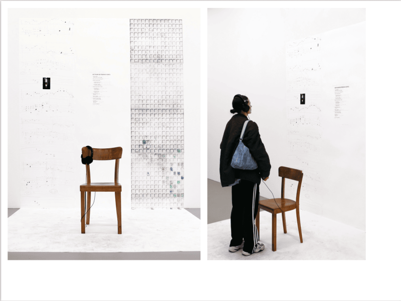 Two installation views of 'Have a Nice Trip!' project. The installation consisted of three wallpaper prints, a chair, and a sound piece to be heard from headphones. 