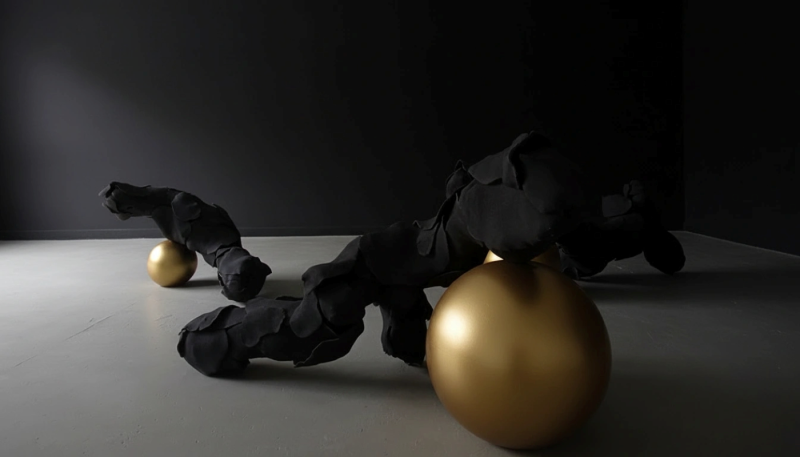 Dark organic forms intertwined with golden spheres, representing an artistic sculpture.