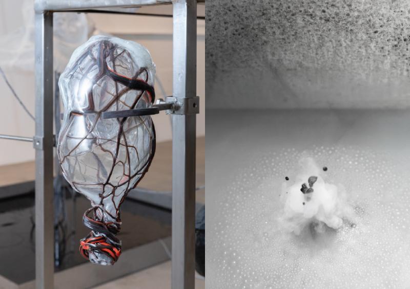 Glass sculpture on steel structure and image of liquid drops and smoke.