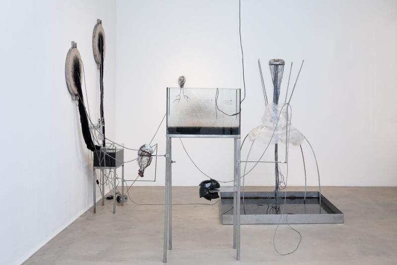 Installation view including three steel structures with silicone, thread, glass and steel aquariums filled with black liquid connected with tubings. Resin and glass sculptures on steel structures.