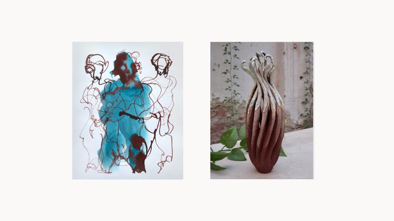 On the left is an abstract painting of three bodies overlapping each other. The lines are fluid and the middle body is filled in with blue ink. The silhouettes painted with sepia bleed with one another. On the right is a sculpture in dark red clay, that looks like an organic growth with long shoots twirling and unfurling upwards. It has white glaze on the top ends.