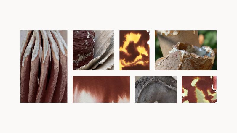 A compilation of the different textures from the ink, watercolour, clay and glaze mediums featured in the exhibition.