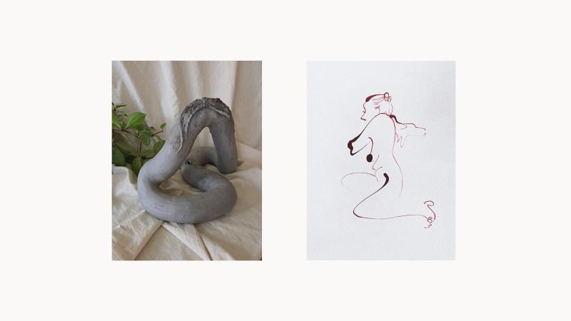 On the left is a ceramic sculpture and the right a figure drawing painting with a willow stick and sepia ink.