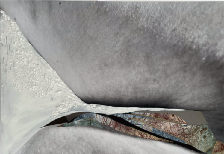 A mixed-media collage featuring a black and white close-up photograph of skin textures and body curves. The image is intersected by a thick white brushstroke of acrylic paint and layered paper fragments in teal and reddish-brown tones, resembling geological layers or scars. 