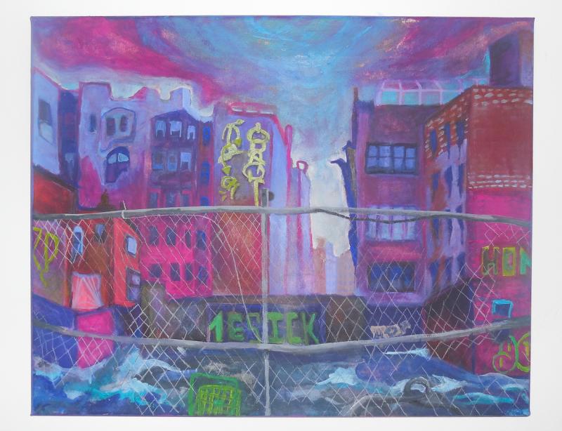 Painted landscape in purples and blues with a wire fence in the foreground, and buildings in the background.