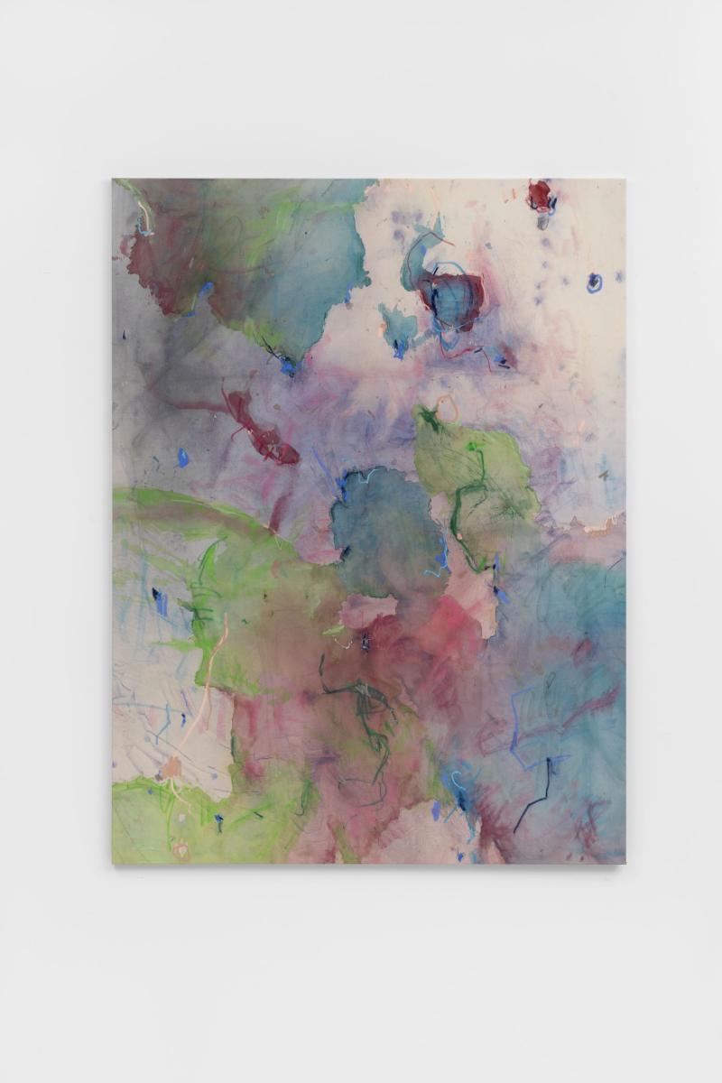 Abstract painting with translucent washes of green, blue, and pink on raw canvas, layered with spontaneous lines and marks.