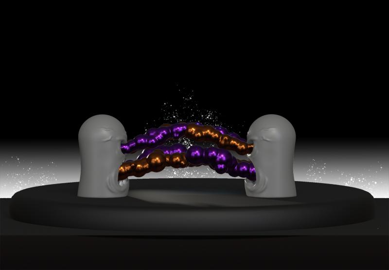 3D-Darstellung von zwei Köpfen, die sich gegenseitig anschreien, mit blasenförmigen Explosionen in Orange und Lila, die aus ihren Augen und Mündern hervorbrechen und sich in der Mitte treffen.