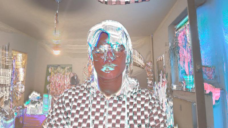 Person distorted through pixel melting effect and digital glitch