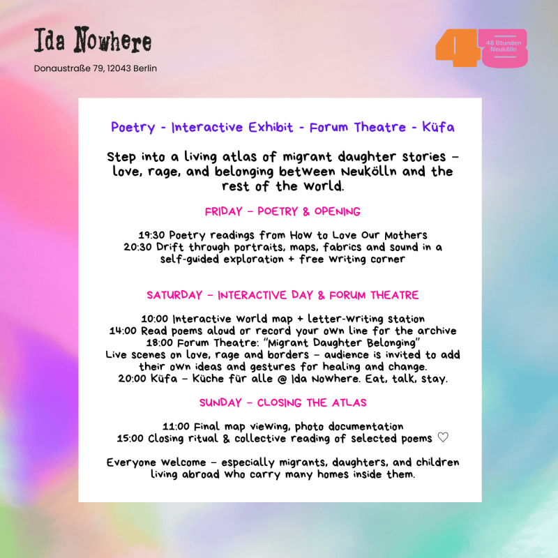 Agenda of "How to love our mothers" from Fri 3 July 7pm - Sun 5 July 4pm.