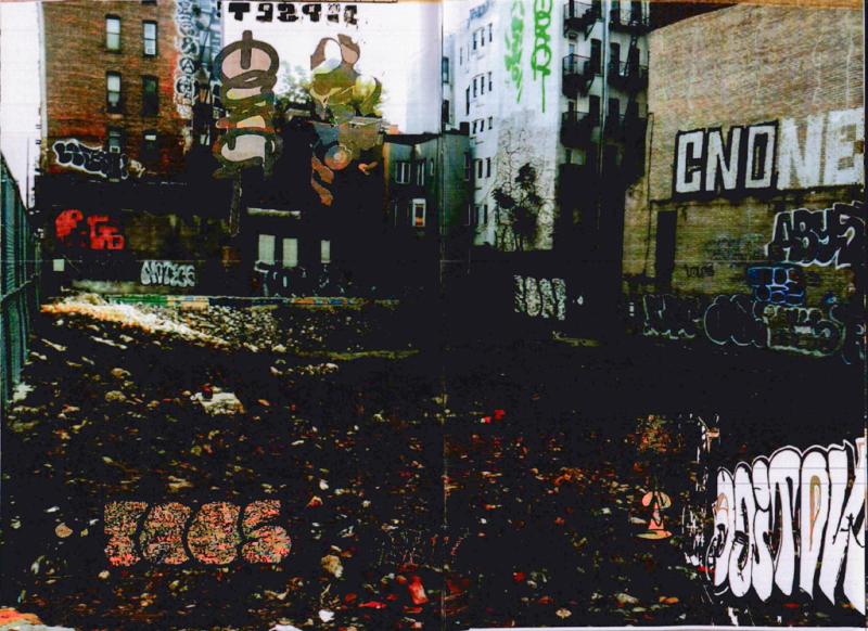 Photo collage of vacant lot with graffiti, focusing on the ground and rubble.