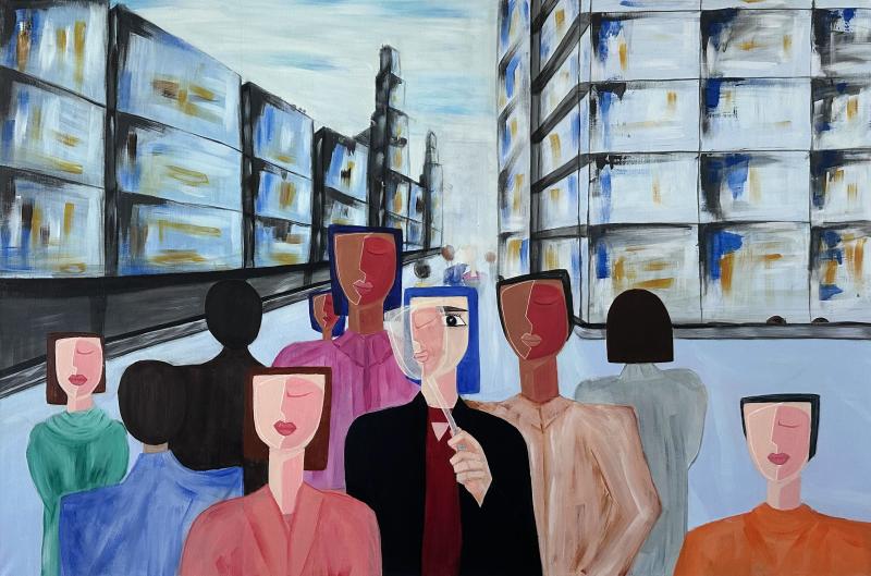 Painting of stylized figures standing in a city street between modern buildings. The figures share a similar appearance and expression. In the center, a woman holds a transparent mask that resembles the faces of the others, while her own face behind it appears different.