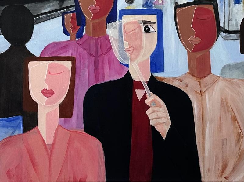 Detail of a painting showing a woman among similar figures. She holds a transparent mask resembling the faces of the surrounding people, while her own face behind it appears different.