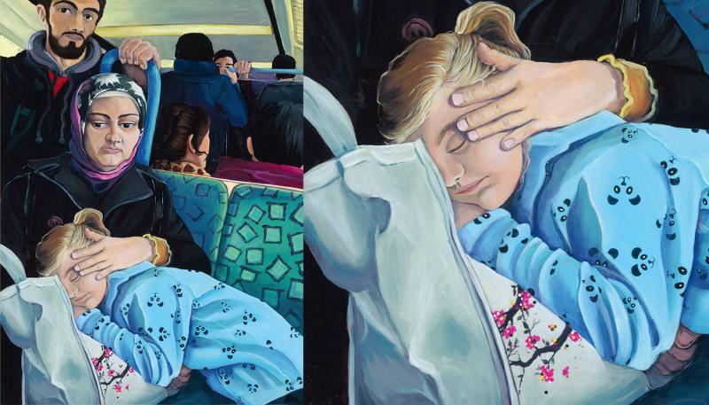 Acryl auf Holzpanel von Dayra Palacios, Mutter und Tochter in der S-Bahn, Tochter schläft, Mutter legt schützend die Hand über sie