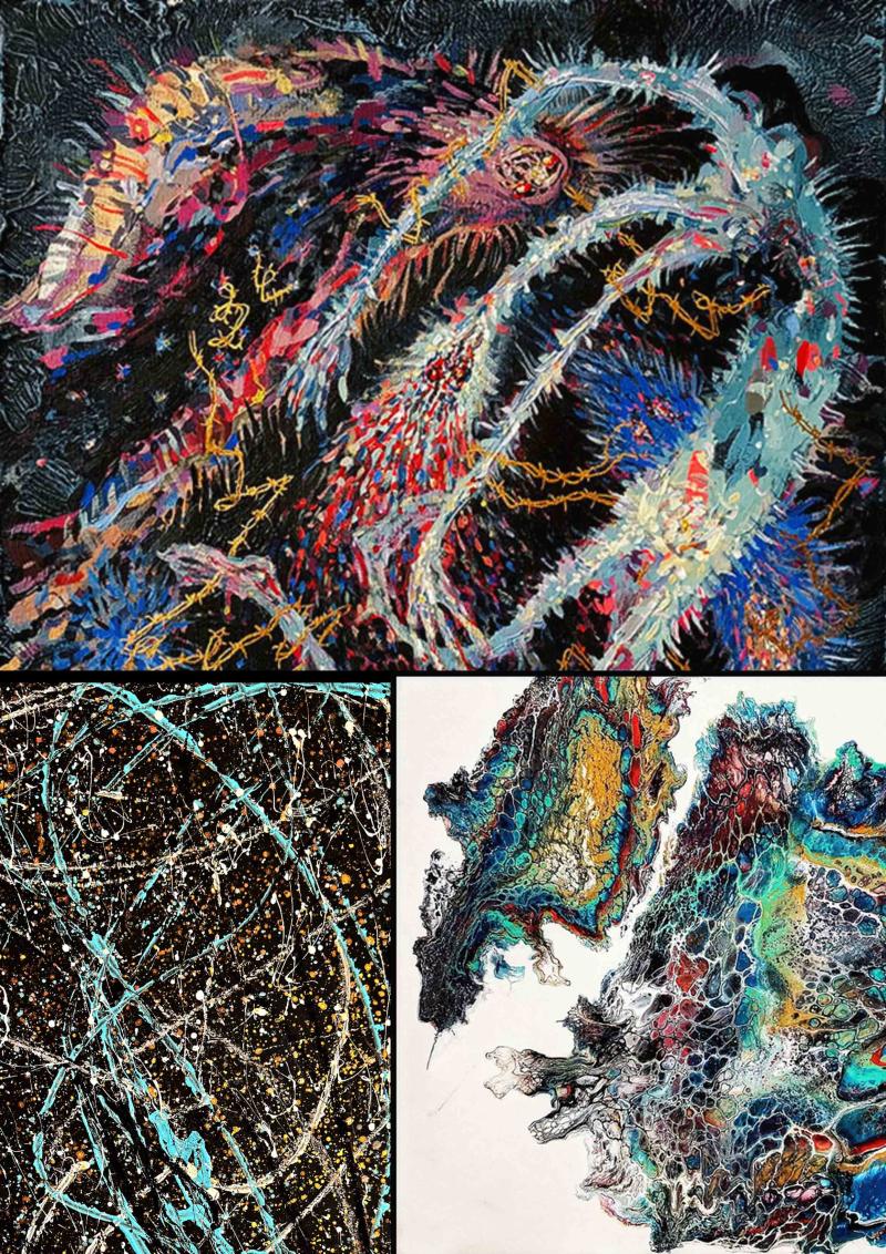 Three abstract paintings exploring surrealism, visual poetry